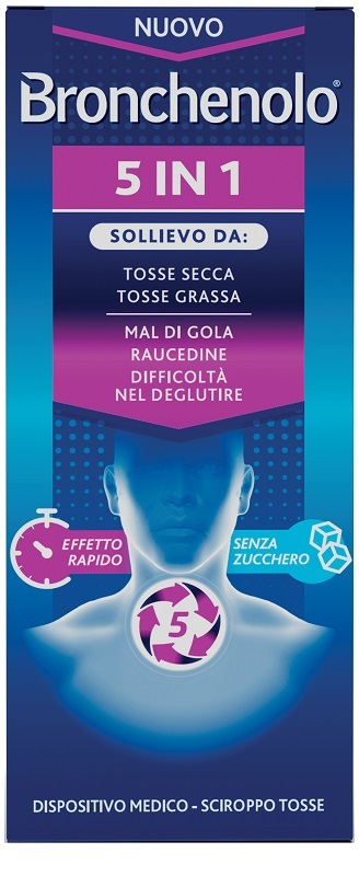 BRONCHENOLO 5 IN 1 SCIROPPO TOSSE 120 ML SENZA ZUCCHERO, ALCOL, LATTOSIO, GLUTINE, COLORANTI ARTIFICIALI E OGM